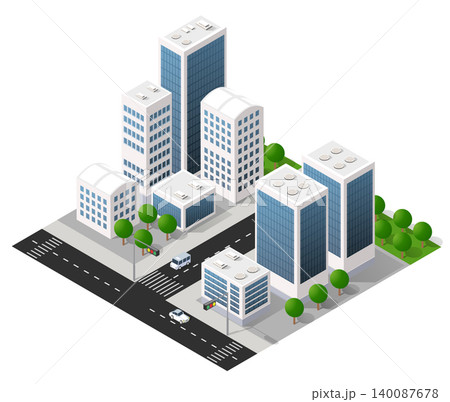 Modern isometric city with skyscrapers, roads, and trees 140087678