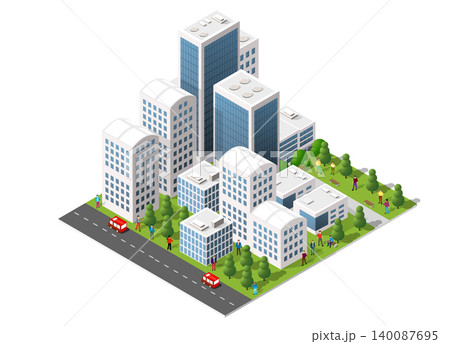 Modern isometric city center with people enjoying public park Modern isometric city center with people enjoying public park 140087695