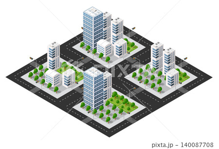 Modern isometric city with skyscrapers, roads, and green parks 140087708