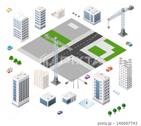 Construction cranes building modern city with skyscrapers, offices, and roads in isometric view Construction cranes building modern city with skyscrapers, offices, and roads in isometric view 140087743