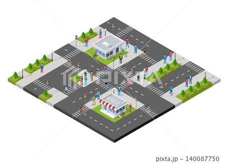 Busy isometric city crossroads with people walking and cars driving Busy isometric city crossroads with people walking and cars driving 140087750