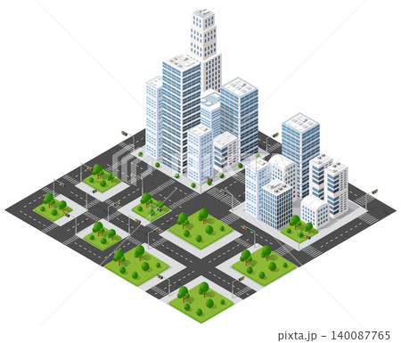 Modern city buildings and roads in isometric view Modern city buildings and roads in isometric view 140087765