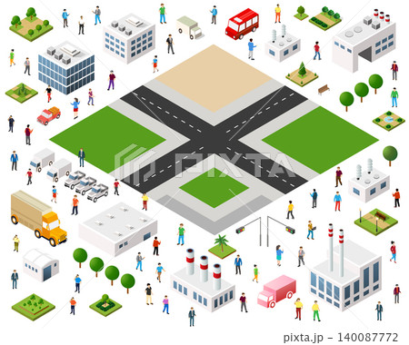 Urban landscape planning with isometric buildings, roads, and people Urban landscape planning with isometric buildings, roads, and people 140087772