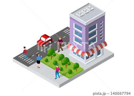 People walking near apartment building with shop on first floor People walking near apartment building with shop on first floor 140087794