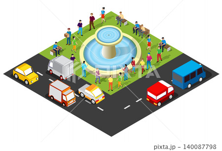 People meeting and relaxing around fountain in city park isometric illustration People meeting and relaxing around fountain in city park isometric illustration 140087798