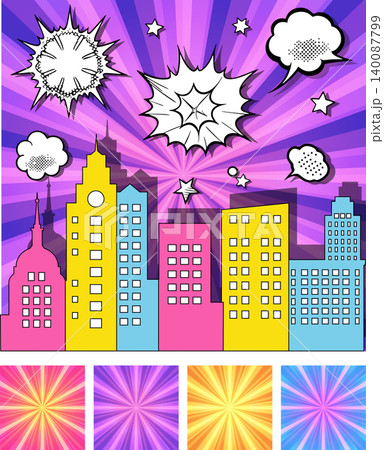 Colorful comic city skyline with speech bubbles and explosions 140087799