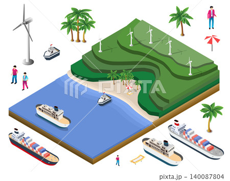 Tropical island with wind turbines, ships, and tourists enjoying vacation 140087804