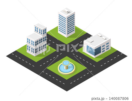 Modern city center with buildings, roads and fountain isometric illustration 140087806