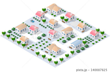Modern isometric city center with skyscrapers and trees covered by snow Modern isometric city center with skyscrapers and trees covered by snow 140087825