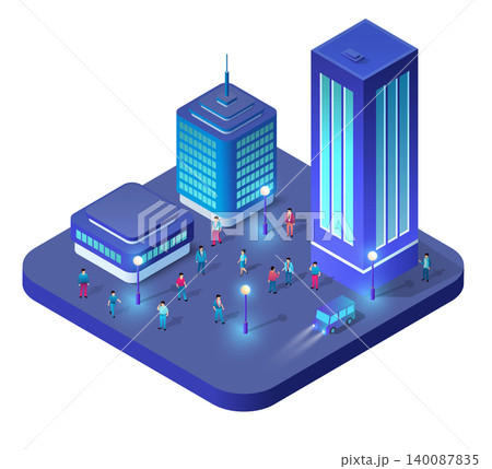 Businesspeople walking near illuminated skyscrapers in smart city at night Businesspeople walking near illuminated skyscrapers in smart city at night 140087835