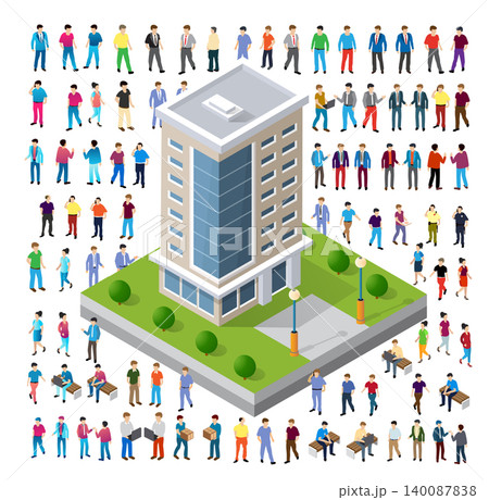 Isometric office building surrounded by diverse crowd of people 140087838