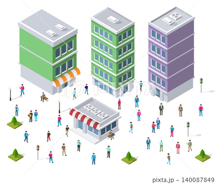 People walking around buildings in isometric city 140087849