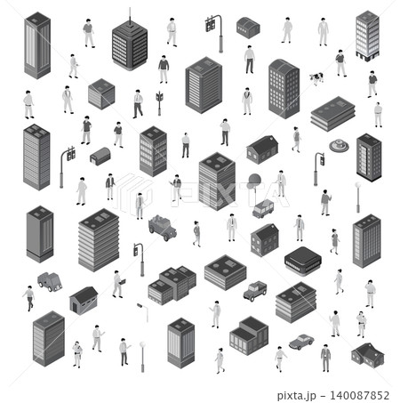Isometric city buildings and people 140087852