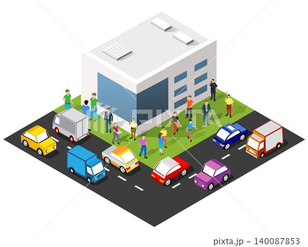 People communicating and cars driving on a busy street near modern building People communicating and cars driving on a busy street near modern building 140087853