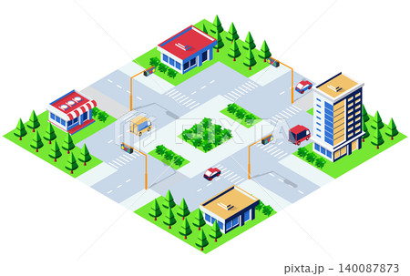 Urban crossroads with traffic flowing smoothly in isometric view 140087873