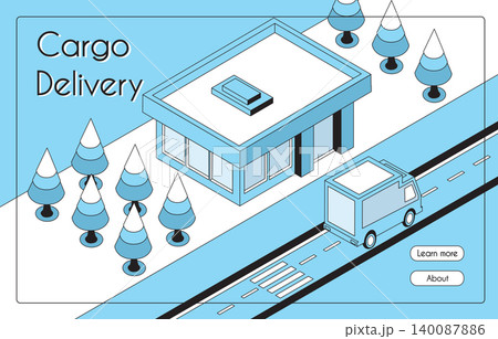 Cargo delivery truck moving near office building Cargo delivery truck moving near office building 140087886