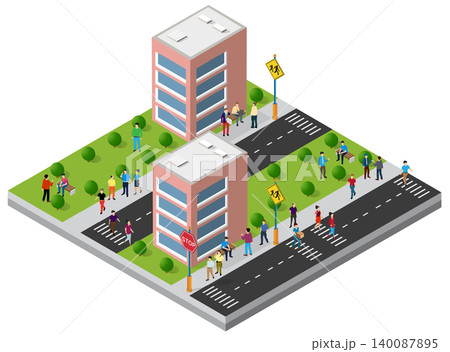 People walking and relaxing in an isometric city street with buildings and green areas People walking and relaxing in an isometric city street with buildings and green areas 140087895