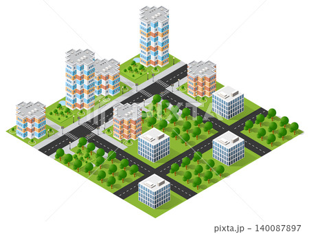 Modern city center with skyscrapers, roads and green areas isometric projection Modern city center with skyscrapers, roads and green areas isometric projection 140087897