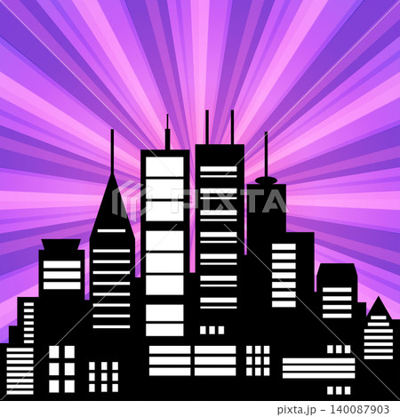 City skyline standing tall against vibrant purple sunburst background City skyline standing tall against vibrant purple sunburst background 140087903