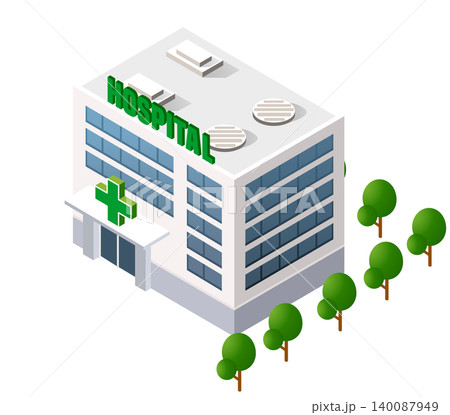 Modern isometric hospital building with helipad on roof Modern isometric hospital building with helipad on roof 140087949