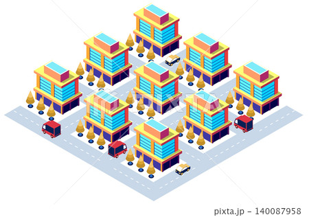 Modern isometric city with colorful buildings and moving vehicles Modern isometric city with colorful buildings and moving vehicles 140087958