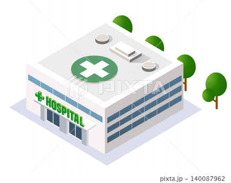 Modern isometric hospital building with helipad on roof Modern isometric hospital building with helipad on roof 140087962