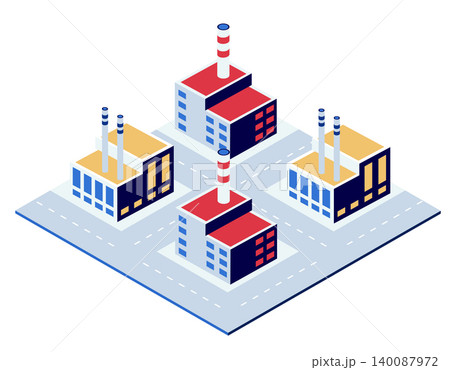 Industrial district with factories emitting smoke from chimneys in isometric Industrial district with factories emitting smoke from chimneys in isometric 140087972