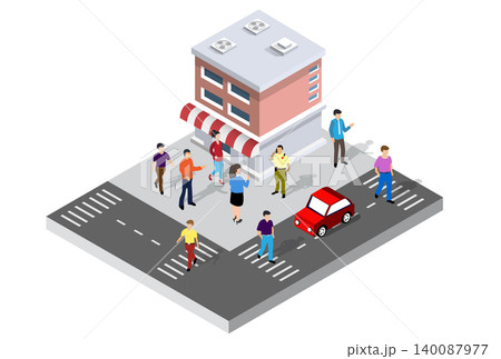 People walking and talking on crosswalk near building with shop on first floor People walking and talking on crosswalk near building with shop on first floor 140087977