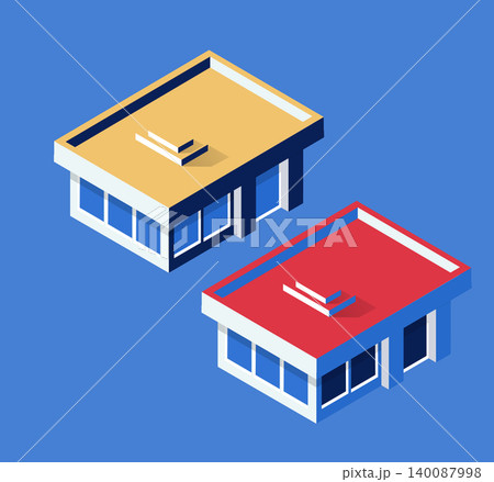 Modern isometric buildings showing rooftop access with stairs 140087998