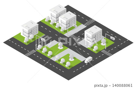 Isometric city planning showing residential buildings and delivery truck Isometric city planning showing residential buildings and delivery truck 140088061