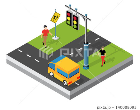 Pedestrians crossing street at crosswalk with traffic light and minibus in isometric view Pedestrians crossing street at crosswalk with traffic light and minibus in isometric view 140088093