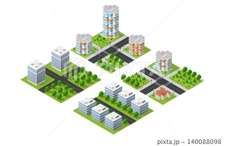 Urban landscape showing modern buildings, parks, and roads in isometric view Urban landscape showing modern buildings, parks, and roads in isometric view 140088098