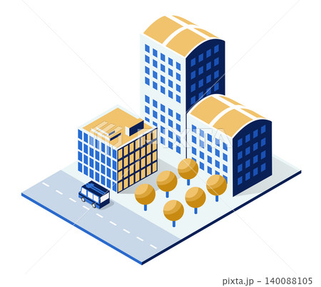 Modern city buildings with delivery van driving on street Modern city buildings with delivery van driving on street 140088105