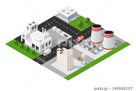 Industrial zone with factories and office buildings generating air pollution 140088107