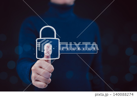 Biometric password security and fingerprint login concept. Padlock with hidden password field. user authentication, identity verification, access control, privacy protection, secure account login, MFA Biometric password security and fingerprint login concept. Padlock with hidden password field. user authentication, identity verification, access control, privacy protection, secure account login, MFA 140088274