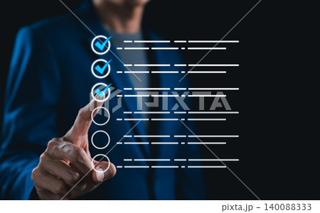 Online assessment and survey concept. Person selecting virtual digital checklist, symbolizing online test, exam, quiz, questionnaire, feedback form, data collection, evaluation, and decision process. Online assessment and survey concept. Person selecting virtual digital checklist, symbolizing online test, exam, quiz, questionnaire, feedback form, data collection, evaluation, and decision process. 140088333