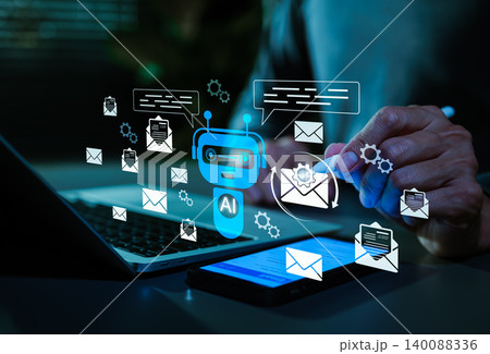 AI email assistant and smart inbox automation concept. Smartphone with chatbot, mail icons, messages, envelopes, auto reply, email generator, inbox management, proofreading, customer communication, AI email assistant and smart inbox automation concept. Smartphone with chatbot, mail icons, messages, envelopes, auto reply, email generator, inbox management, proofreading, customer communication, 140088336