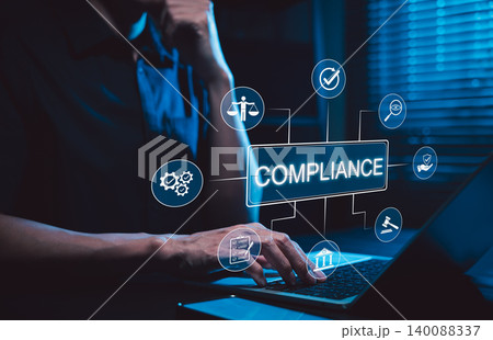 Compliance management and regulatory risk control concept. Professional using laptop with compliance icons, legal scale, checklist, audit, governance, approval, monitoring, policy verification, law, Compliance management and regulatory risk control concept. Professional using laptop with compliance icons, legal scale, checklist, audit, governance, approval, monitoring, policy verification, law, 140088337