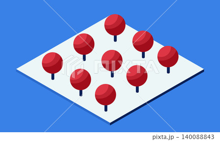 Nine red trees growing on a white square in isometric view over blue background Nine red trees growing on a white square in isometric view over blue background 140088843