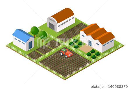 Red tractor plowing cultivated land in farm with barns Red tractor plowing cultivated land in farm with barns 140088870