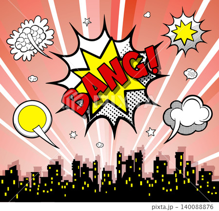 Colorful city skyline with comic book style speech bubbles Colorful city skyline with comic book style speech bubbles 140088876