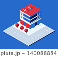 Modern isometric building with road and trees on blue background 140088884