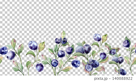 Seamless border pattern with watercolor bilberry shrubs isolated on white. Hand drawn botanical background of forest blue berries with green leaves for design textile or stationary. Blueberry repeat. Seamless border pattern with watercolor bilberry shrubs isolated on white. Hand drawn botanical background of forest blue berries with green leaves for design textile or stationary. Blueberry repeat. 140088922