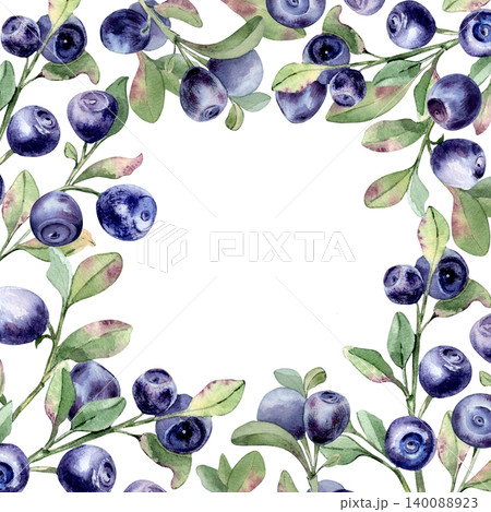 Blueberry on branches illustration hand drawn. Watercolor botanical fresh bilberry border with lush green leaf for design. Healthy organic fruit element for kitchen menu or packaging with empty space. Blueberry on branches illustration hand drawn. Watercolor botanical fresh bilberry border with lush green leaf for design. Healthy organic fruit element for kitchen menu or packaging with empty space. 140088923