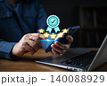 Excellent quality service and certification concept,hand hold smartphone with five star and verified badge.Customer satisfaction rating,product standard,brand excellence,business reputation,compliance 140088929