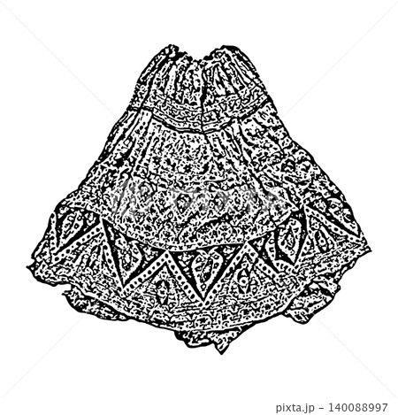 Black and White Bohemian Maxi Skirt with Ornamental Ethnic Mandala Pattern and Ruffled Flared Hem Sketch Vector Illustration 140088997