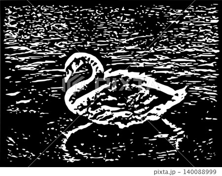 Elegant Swan Swimming on Rippling Water Black and White High Contrast Woodcut Linocut Style Vector Illustration 140088999