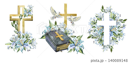 Watercolor Easter religious set with golden christian crosses, bible book, white lilies and flying doves. Hand drawn spiritual illustration for baptism invitations, church graphics, and communion Watercolor Easter religious set with golden christian crosses, bible book, white lilies and flying doves. Hand drawn spiritual illustration for baptism invitations, church graphics, and communion 140089148