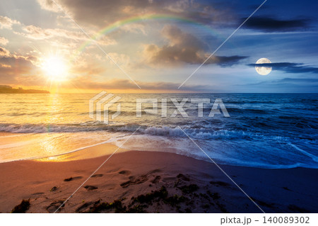 black sea landscape on summer solstice. day meet night. sun and moon over bulgaria nature landscape with sandy beach. vacation at the sea shore concept. waves and empty beach. remote astrology scene 140089302