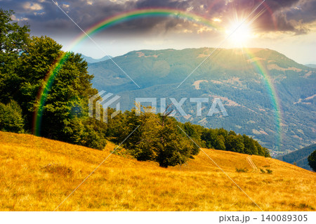 sunset over carpathian mountain landscape in summer. primeval beech forest on the grassy hill. wonderful scenery of ukrainian highlands. pristine ecosystem of europe. weather with rainbow sunset over carpathian mountain landscape in summer. primeval beech forest on the grassy hill. wonderful scenery of ukrainian highlands. pristine ecosystem of europe. weather with rainbow 140089305
